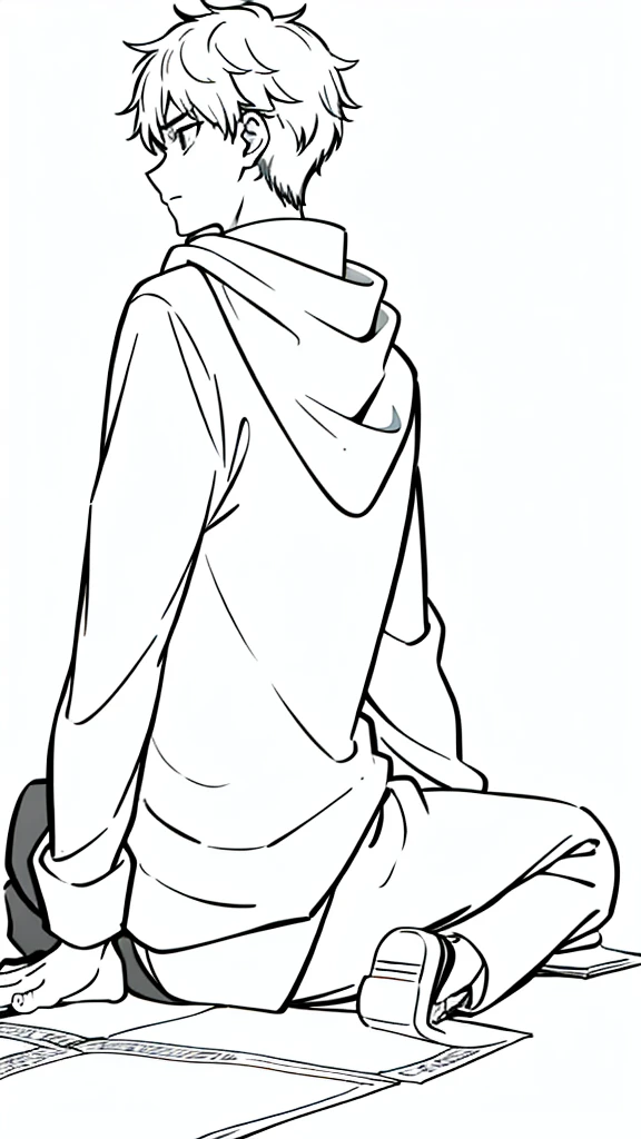 (1boy,,solo),black hooded,(white background,line drawing),back view,sitting