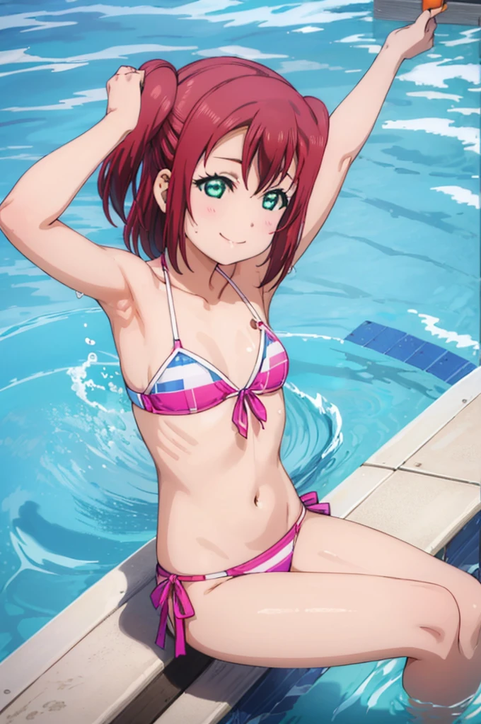(((pixel-perfect, detail-perfect))), solo, 1girl, ruby kurosawa, smile, pool, bikini, armpit, flat filesize, ultra High Qality