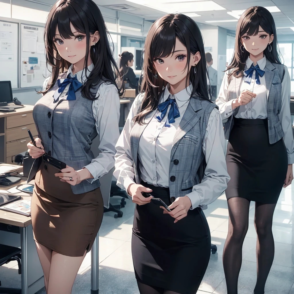 ((((1ladyl,))))  (masterpiece), (realistic), (best quality), (ultra-detailed),  amazing 30 years old wife,  pantyshot, long brown hair, office lady, Wearing a pink plaid vest, White short sleeved shirt, Gray pencil skirt, Wear stiletto heels, Necklace, earrings,  Cute face, Smile, Blushing, Shyness, Glass wall, Ultra Detail, Realistic, Front view, Whole body, (wearing in [[white and gray check pattern]] Vest worn over white collared long-sleeved shirt:1.4), (gray vest with buttons:1.2), (Pink Theme:1.2), (blue ribbon ribbon:1.3), (Black theme:1.4), (Tight black pencil skirt:1.5), ((Brown pantyhose)), (high-heels:1.1),longskirt,office desk, office chair,Lulubre Unity 8K Wallpaper, Beautiful background, clearly, Best Quality, The highest resolution, Best aesthetic,extremely detailed CG unity 8k,