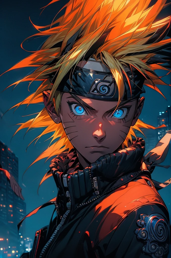 portrait, neon, 1 boy, shonen style, spiky blonde hair, scratches on cheeks, black and red clothing, leather jacket, jeans, boots, bandana with leaf symbol, perfect eyes, cool, blue eyes, full body, color --name Naruto Uzumaki --night background city with futuristic buildings and holograms