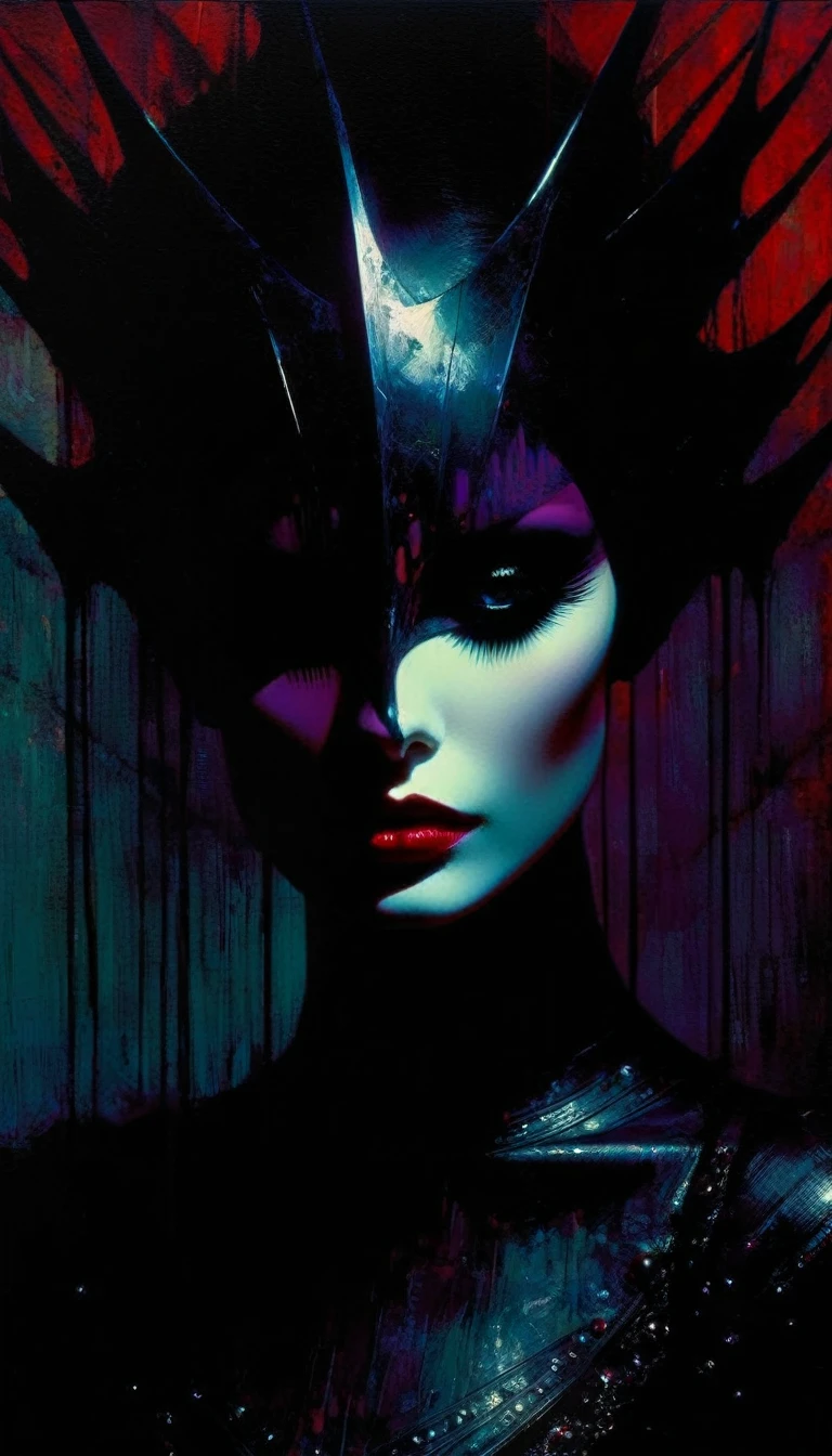 Darksynth aesthetic, minimalist background, gothic makeup, strange fashion photography, ultra detailed, masterpiece. evening, (art inspired by Bill Sienkiewicz). oil painting)