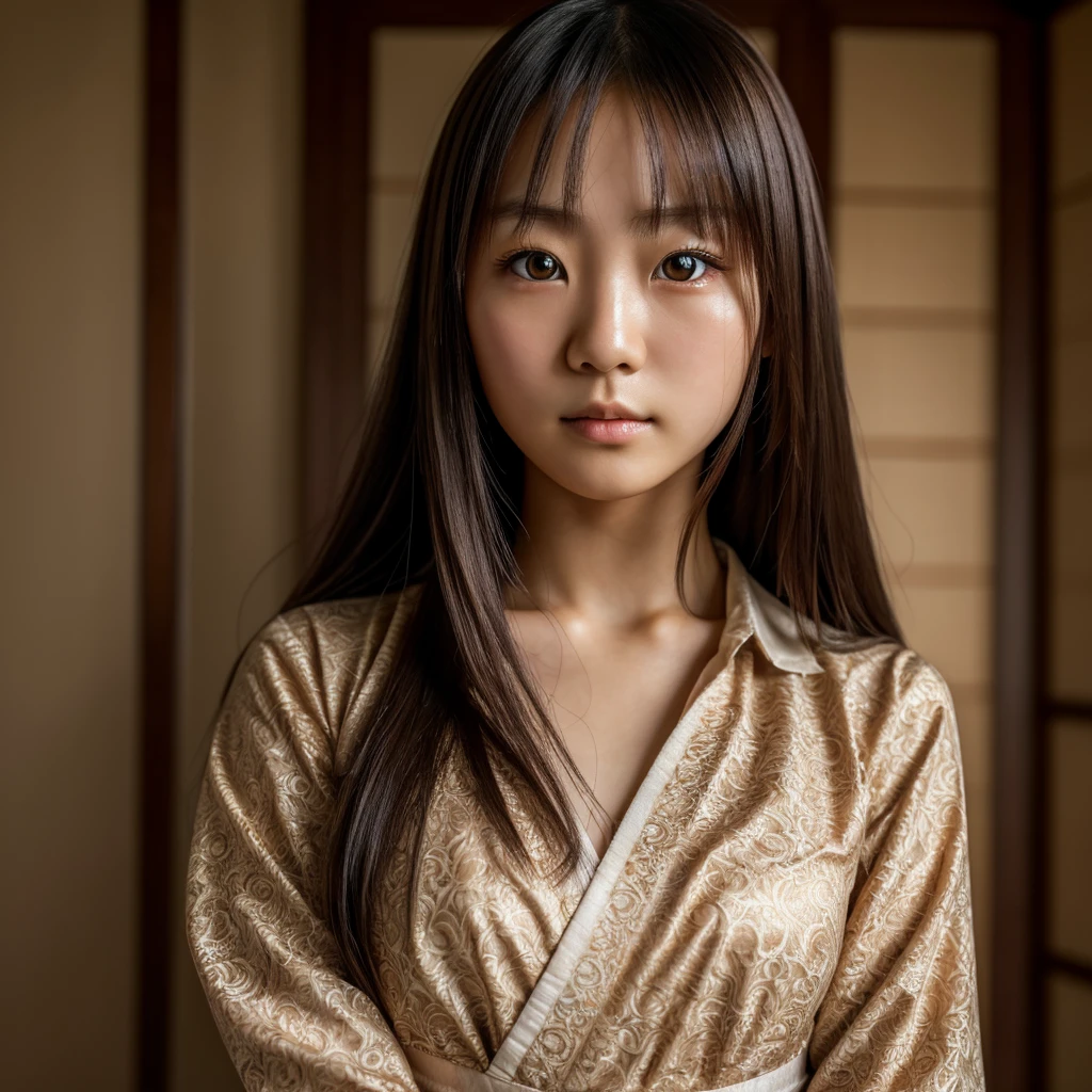 best quality, face focus, soft light, ultra high res, (photorealistic:1.4), RAW photo,
1japanese girl, solo, cute, (pupil, lights in the eyes),  detailed beautiful face, (small chest),(high resolution detail of human skin texture),
(long hair),
indoor,
Damask Shirt Dress,
(portrait)