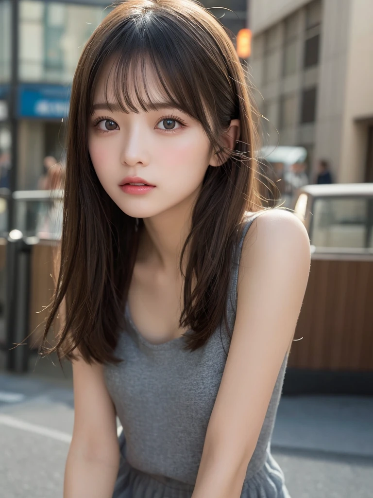 finely detail, hight resolution, hightquality、Perfect dynamic composition, Beautiful detailed eyes, Medium Hair, small 、Natural Color Lip,Kamimei、Shibuya、20 years girl、1 persons、Transparent skin、Glowing hair、masutepiece, Best Quality, Illustration, Ultra-detailed, finely detail, hight resolution, 8K、The correct state of the human body、crouching down、model poses