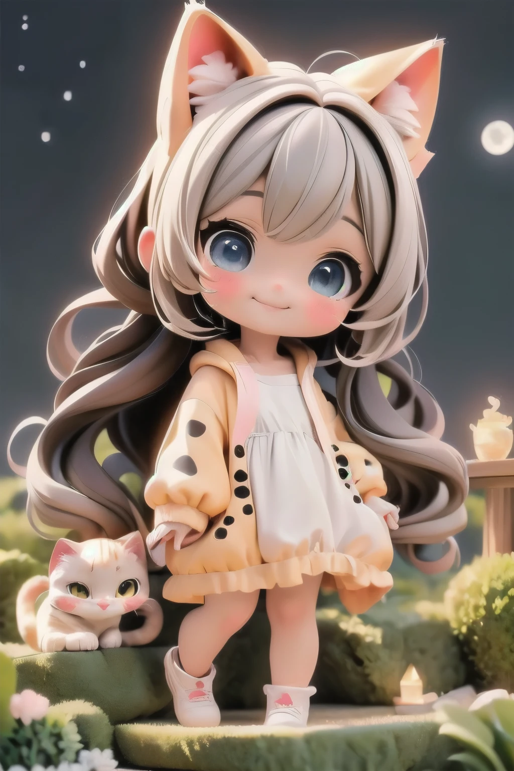 cute chibi girl smiling wearing a (cheetah kigurumi), cat pose, dynamic angle, location garden at night, garden outdoors, starry sky, moon