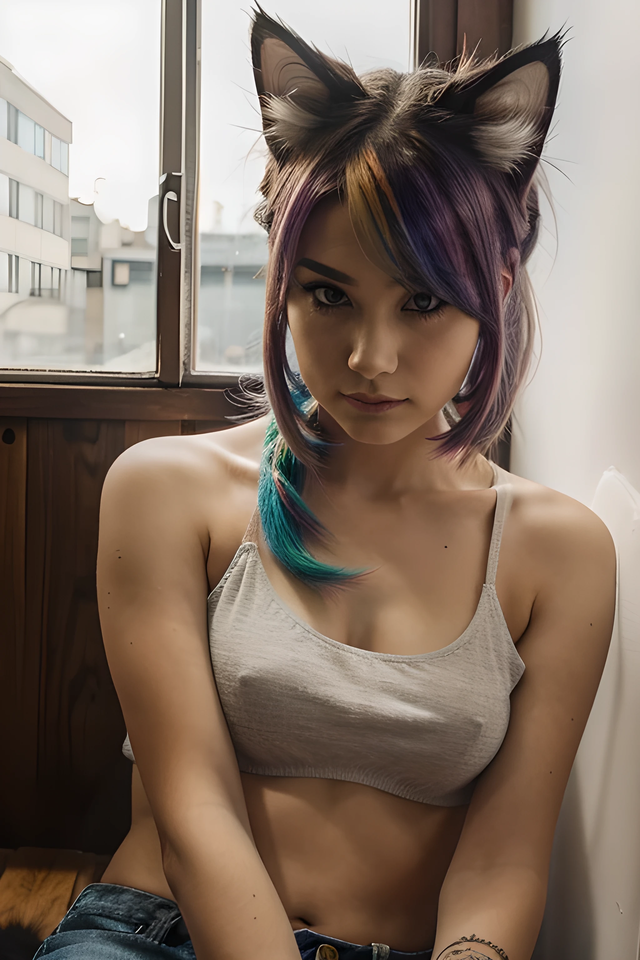 Girl cat with rainbow hair