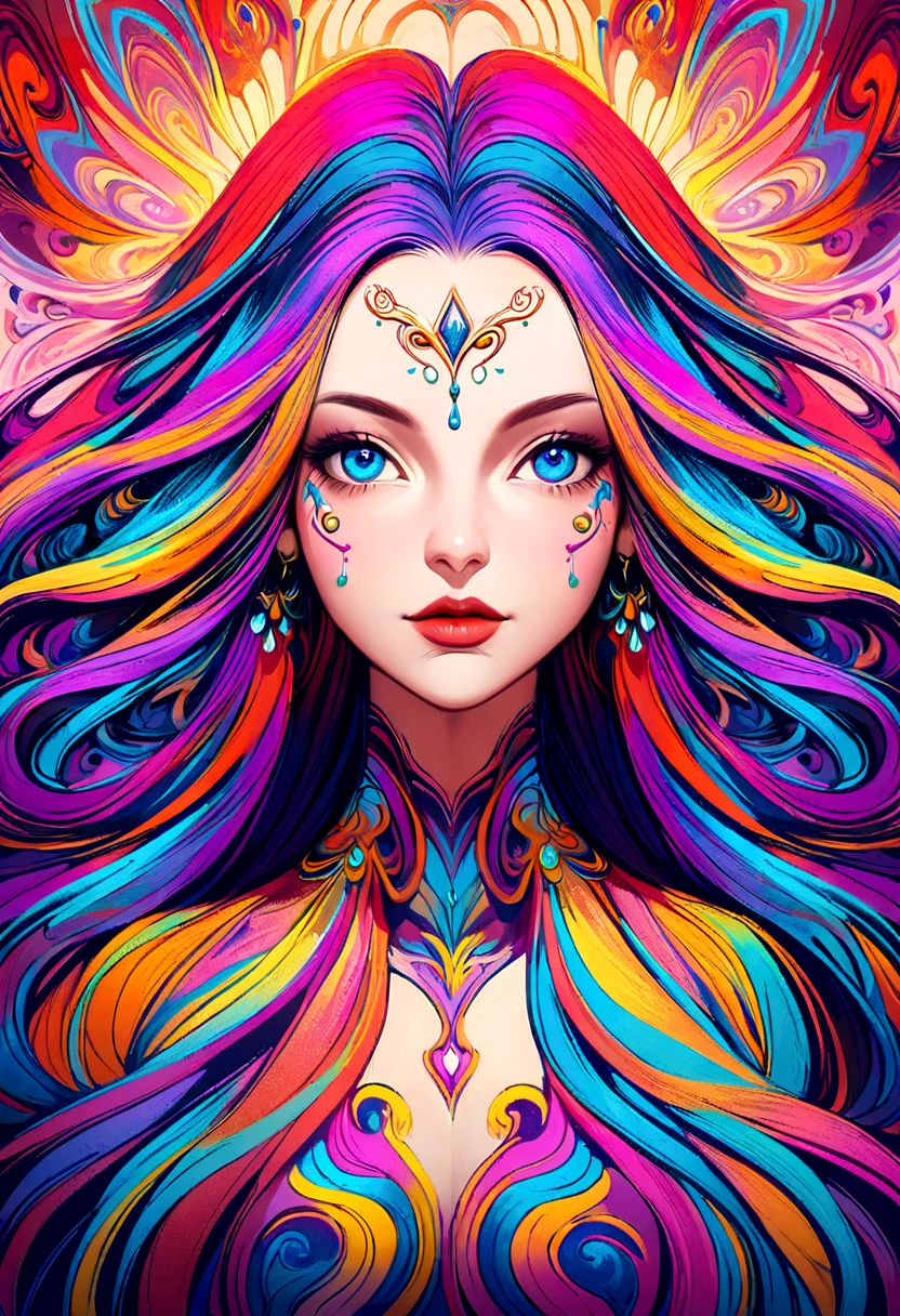 a painting of a woman with long hair and colorful hair, beautiful digital illustration, stunning digital illustration, gorgeous digital art, a beautiful artwork illustration, beautiful digital artwork, beautiful digital art, exquisite digital illustration, intricate digital painting, very beautiful digital art, vibrant digital painting, beautiful gorgeous digital art, psychedelic flowing hair, colorful digital painting, inspiring digital art, stylized digital art