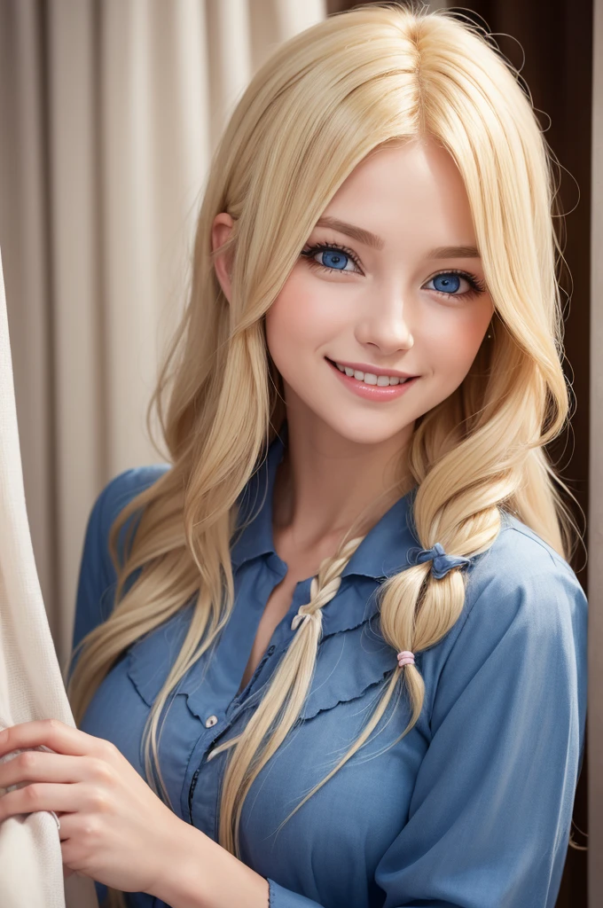 realistic work, girl with long, blonde hair slightly curled at the ends with a Curtain Bang cut, blue eyes and a written blouse "self love" smiling straight ahead.