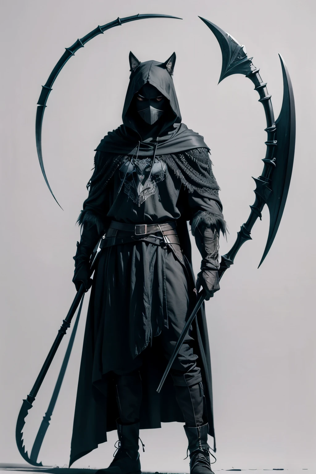 "Generate a sketch-style image of a wolf that represents death. The wolf must wear a hood and carry two scythes."