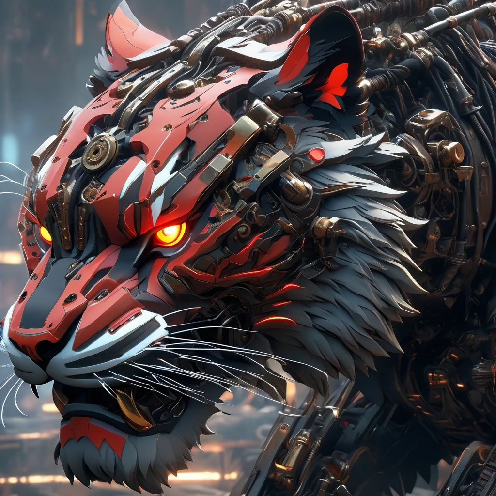 ((Masterpiece)), ((Best Quality)), (Very Detailed), ((Very Detailed)), 4K, (8K), very aesthetic, absurdres highres, create an image of a robotic mechanical beast in the form of a tiger, equipped with weaponry such as laser cannons and missiles suitable for a science fiction story. The mechanical tiger should have intricate details with gears, pistons, and metallic plates, glowing red eyes, steam coming out from its joints, visible wiring, hydraulic tubes, and a sense of wear and tear. It should have an aggressive stance, ready to pounce, with sharp claws and teeth made of polished steel, set against a dark, industrial background with hints of machinery and metal structures,