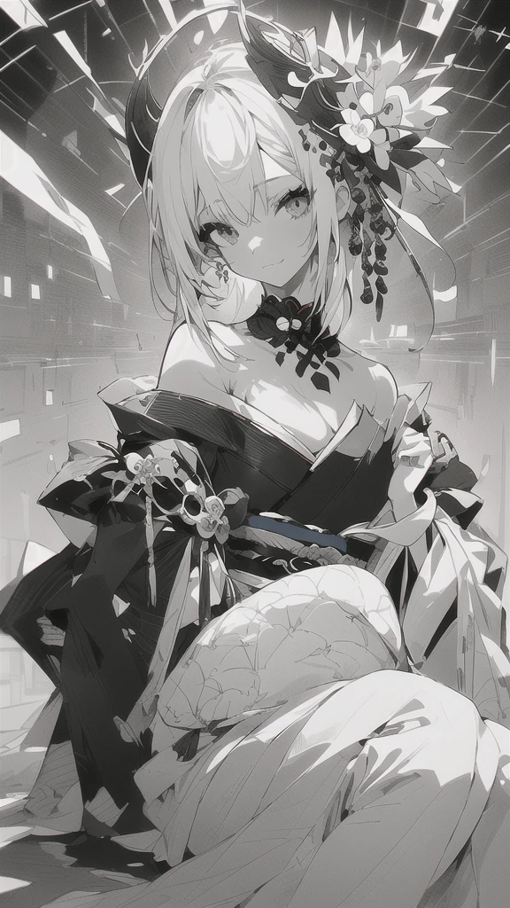 Yae Miko, genshin impact, absurdres, highres, ultra detailed, ultra-detailed background, detailed background, extremly detailed, 1girl,bunch of flowers, (zentangle:1.2), (geometric:1.2), black and white color palette, monochromatic, big breasts, cleavage, sideboob, lingerie, realistic depiction