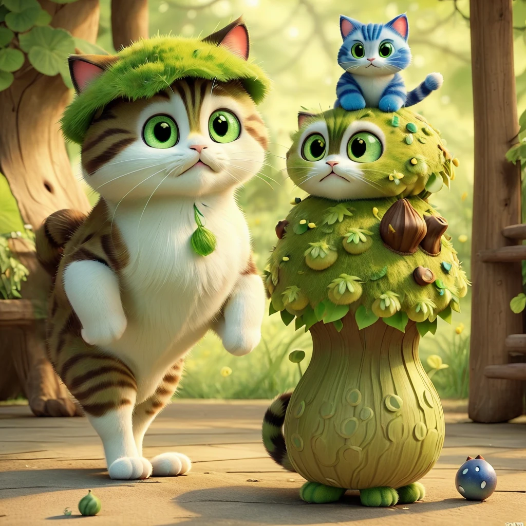 The cat wears a "matcha green poisonous mushroom" on his head。 Its body is like a poisonous mushroom,body becomes round,The feet also become round and short,But without losing the cat’s hair。 Eyes become round and too big,One green eye,The other eye is sapphire blue。The tail is a cat's tail