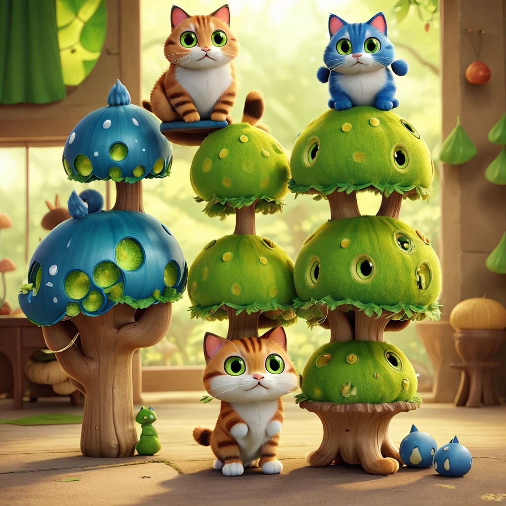 The cat wears a "matcha green poisonous mushroom" on his head。 Its body is like a poisonous mushroom,body becomes round,The feet also become round and short,But without losing the cat’s hair。 Eyes become round and too big,One green eye,The other eye is sapphire blue。The tail is a cat's tail