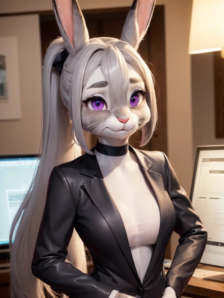 best quality,
masterpiece,
hyper Realistic,
ultra-detailed,
beautiful detailed,
4K,8K,High level,
PIXAR,
Photo real,
Portrait,
Looking at the audience,
background is an office,
Realistic lighting,
((anthropomorphic rabbit)),
detailed animals,
Complex patterns,
(furry:1.5),
(Whole skin is gray:1.4),
(body is fluffy and bushy:1.3),
Realistic fur,
((human hands)),
(Face is JudyHopps:1.35),
{((long straight hair)), ((ponytail hair))},
wispy bangs, bangs,
purple eyes,
highlight on eyes,
crisp eyes,
sparkle in the eyes,
detailed iris,
round big pupils,
(rised eyebrows:1.2),
(Crescent Brows:1.3),
(rabbit ears:1.1),
Smile,
Big Smile,
Innocent smile,
raised corners of mouth,
office lady is wearing suit,
((White blouse)) BREAK ((Black blazer)) BREAK ((Black pants)),
clothes made of wool,
((She is blushing in the cheeks)),
((Looks excited)),
(solo:1.5),
(1 lady:1.5),
one character only
alone,
Perfect Anatomy,
highlight,
sunlight,
daylight,
intricate details,
ray tracing,
photorealistic,
lighter shadows,