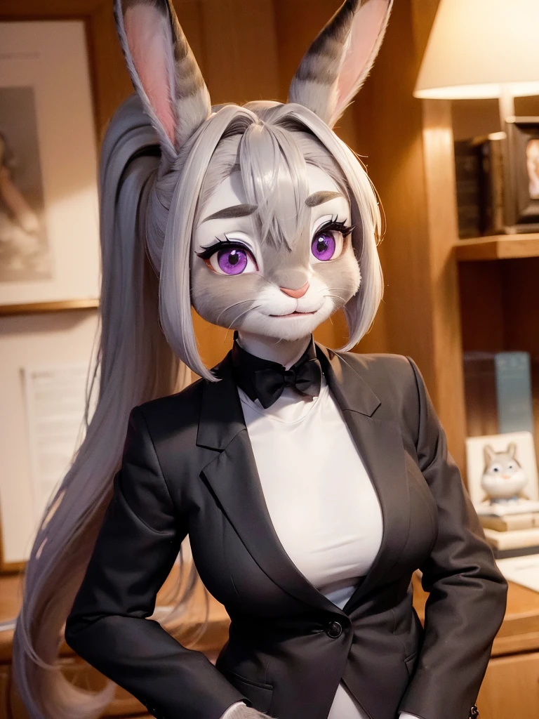 best quality,
masterpiece,
hyper Realistic,
ultra-detailed,
beautiful detailed,
4K,8K,High level,
PIXAR,
Photo real,
Portrait,
Looking at the audience,
background is an office,
Realistic lighting,
((anthropomorphic rabbit)),
detailed animals,
Complex patterns,
(furry:1.5),
(Whole skin is gray:1.4),
(body is fluffy and bushy:1.3),
((human hands)),
(Face is JudyHopps:1.35),
{((long straight hair)), ((long ponytail hair))},
wispy bangs, bangs,
purple eyes,
highlight on eyes,
crisp eyes,
(arched eyebrows:1.2),
(rised eyebrows:1.2),
(rabbit ears:1.1),
Smile,
Big Smile,
sales smile,
raised corners of mouth,
office lady is wearing suit,
((White blouse)) BREAK ((Black blazer)) BREAK ((Black pants)),
clothes made of wool,
((She is blushing in the cheeks)),
(solo:1.5),
(1 lady:1.5),
one character only
alone,
Perfect Anatomy,
highlight,
sunlight,
daylight,