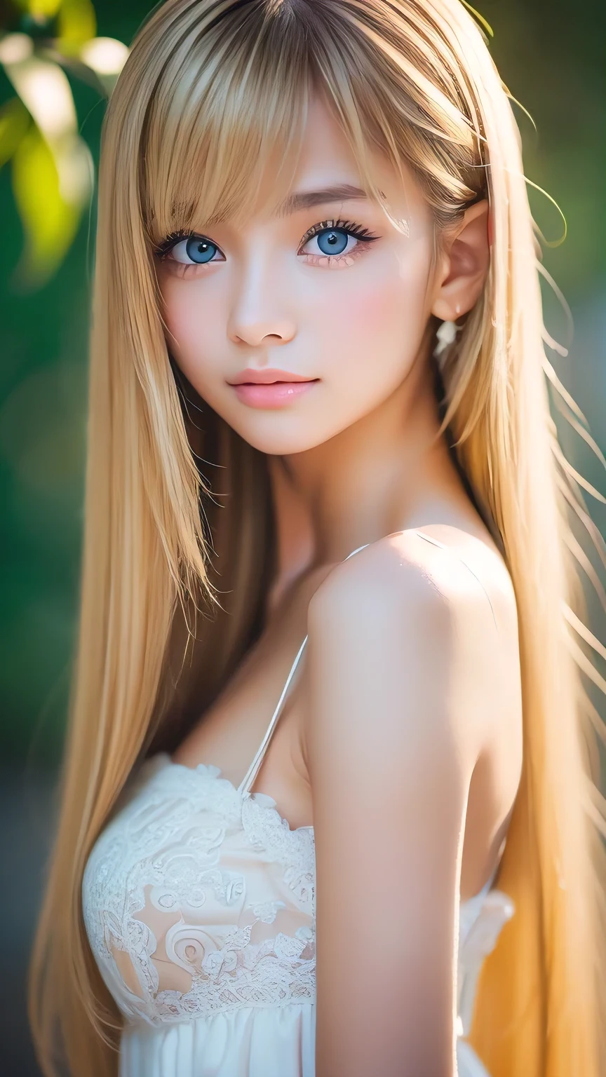 night、RAW Photos、(((A portrait of extreme beauty)))、((Glowing Skin))、1 girl、15 years old beautiful girl in Prague、((Natural light blonde hair))、[blue eyes]、Shiny, glossy skin、Silky long straight hair、eyeliner、Long Bangs、Hair between the eyes、Fluttering Hair、((masterpiece、最high quality、Super detailed、Film Light、Intricate details、High resolution、8K、Very detailed))、Detailed Background、8K uhd、Digital SLR、Soft Light、high quality、Film Grain、Fujifilm XT3 、Shallow depth of field、Natural light、（Perfect hands）、Perfect pretty face