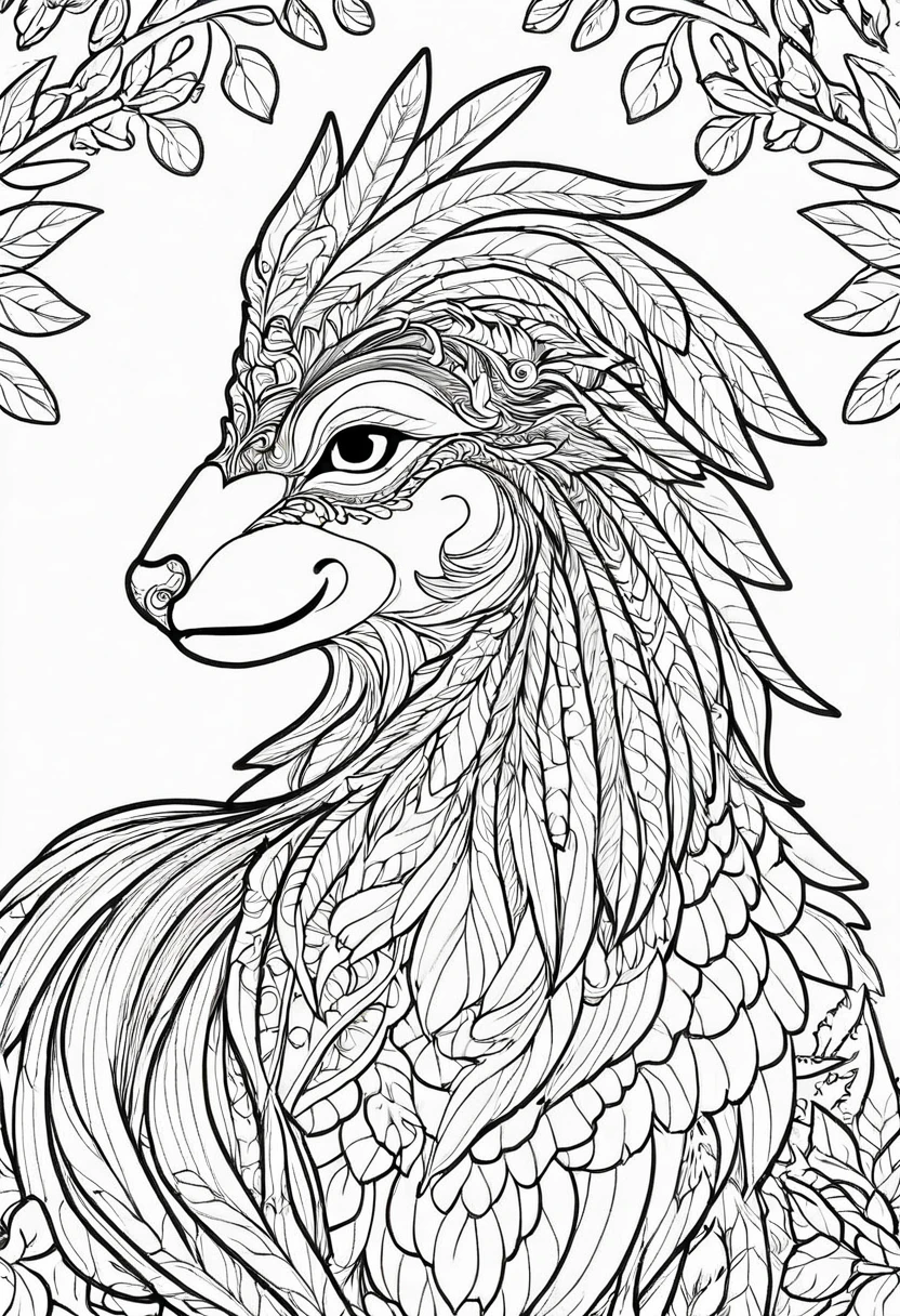 a coloring page of a rooster with leaves, line art coloring page, animal mandala, rooster face , rooster face hiper detallada, bold linear, Intricately detailed plumage, rooster head alpha , Detailed line art, coloring page, clean linear, wolf head, Plantilla Wolf lineart base, Coloring book outline, intricate linear, lineal simple