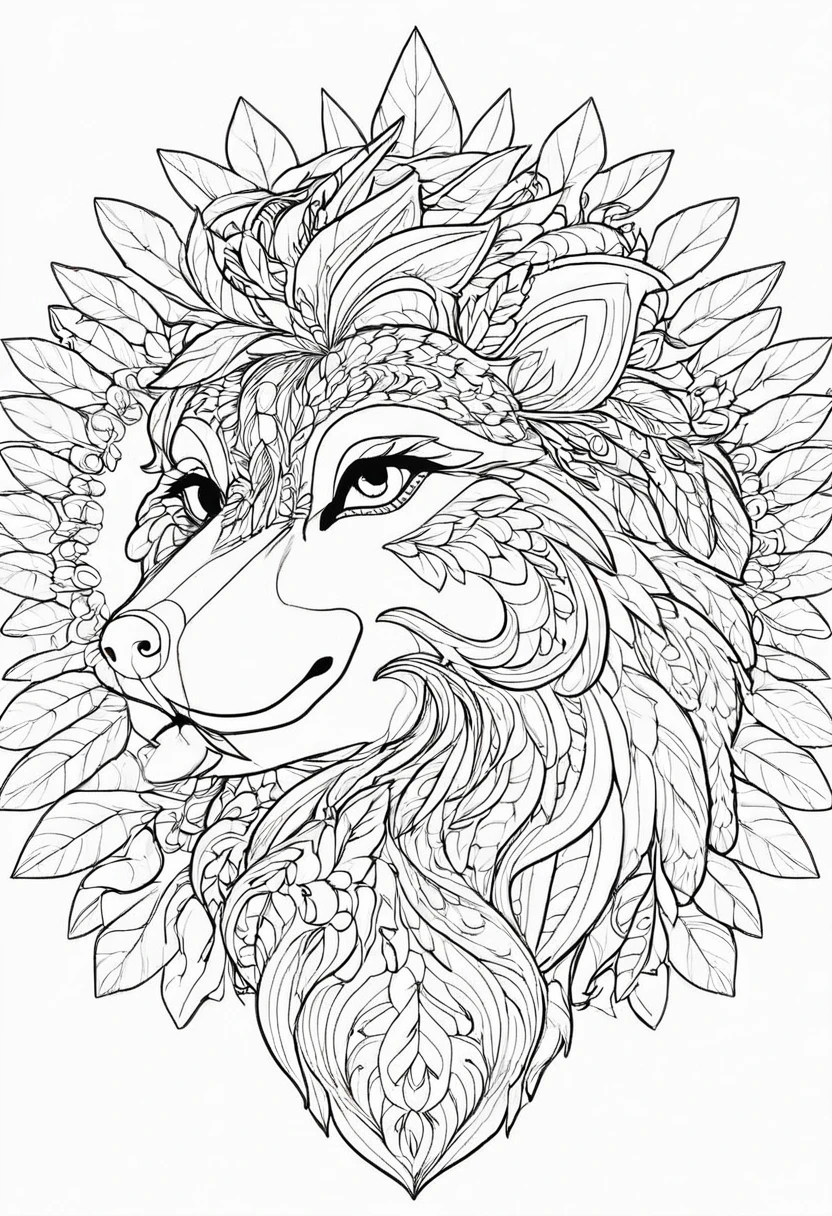 a coloring page of a rooster with leaves, line art coloring page, animal mandala, rooster face , rooster face hiper detallada, bold linear, Intricately detailed plumage, rooster head alpha , Detailed line art, coloring page, clean linear, wolf head, Plantilla Wolf lineart base, Coloring book outline, intricate linear, lineal simple