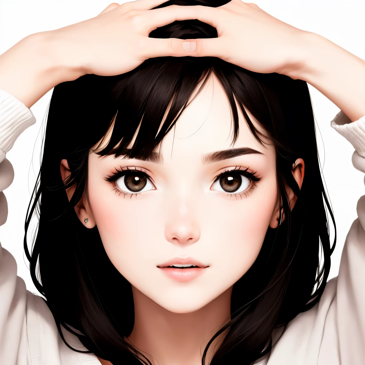 watercolor painting, a Japanese girl, straight black hair, naked, symmetrical, ephemeral, serious face, from front, look at viewer, innocent smiling