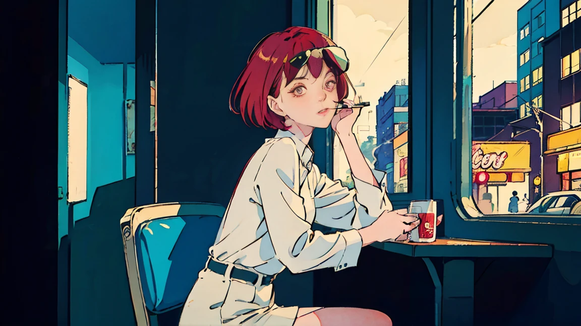 beautiful asian girl with red hair sitting in a diner at night, seen through a window, perfect face, sunglasses, smoking a white tailor made cigarette, NeonNoir, (backlit: 1.1), hard shadow, masterpiece, best quality, Intricate, modelshoot style, vintage, film grain, Incomplete details drive,citypop,cassettetape,record