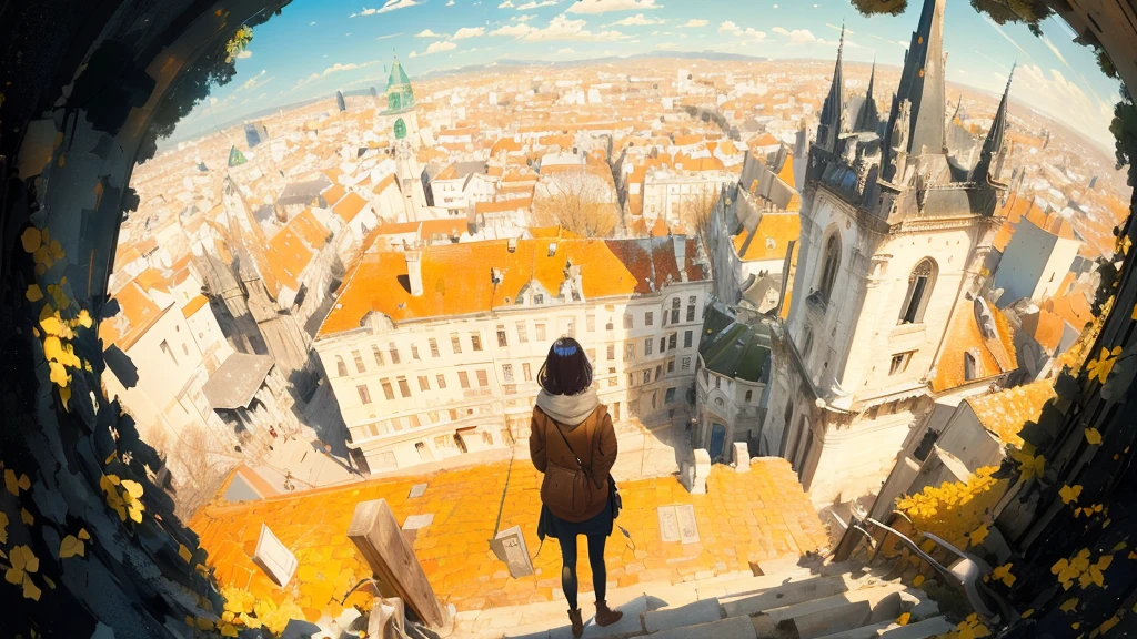 There&#39;s a man standing on a ledge looking out at the city., Anime-style streetscape, Makoto Shinkai Cyril Rolland, Walk over a small city, Gweiz-style artwork, HD anime cityscape, Krentzkus Heart, girl sitting on a rooftop, Above the city, Inspired by NEVERCREW, Cyril Rolland and Goro Fujita