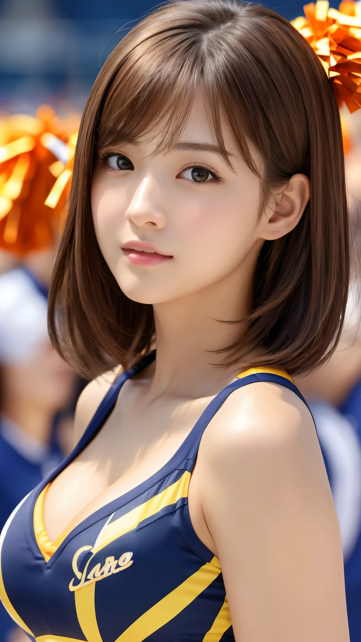 Photorealistic、Masseter muscle area、Highest quality、High resolution、RAW Photos、Realistic、Bright lighting、Face Light、Smooth Professional Lighting、Japanese women、Beautiful woman、Modeled、gravure、sexy、so beautiful、Realisticで美しい肌、Beautiful and detailed、Detailed face、slim、Large Breasts、Cleavage、short hair、Brunette colored hair、Brown eyes、looking at the camera、Cheerleader、Cheerleader、Cheerleader