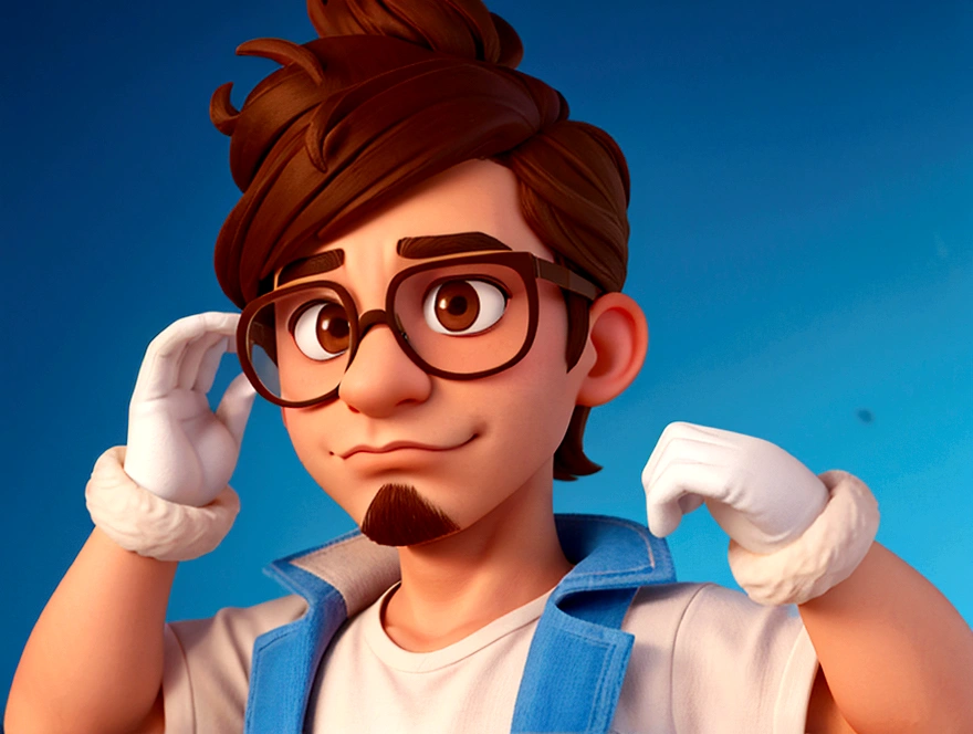 create a disney style character, naughty man, offwhite, light brown hair, brown eyes and glasses