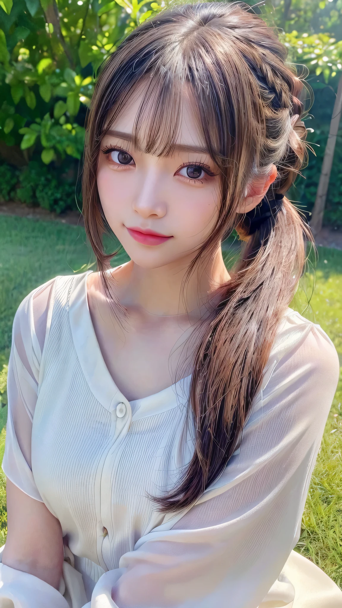 One piece with collar,outdoors,Urban Park,On the lawn,Ultra-detailed, finely detail, hight resolution, 8K Wallpaper, Perfect dynamic composition, Beautiful detailed eyes,Outdoor,Close-up of face,Outdoor,Blushing,Facing forward,,Long hair ponytail,((8k, Raw photo, Best Quality, Mastepiece:1.2), (Realism, Photorealistic:1.4), (Highly detailed 8K wallpapers), Depth of written boundary, Cinematic Lighting, Soft Light, Detailed Beauty Eye,Shiny and smooth light brown ponytail, Asymmetrical bangs, Shiny skin, Ultra-detailed skins ,It is high resolution., High detail, Detailed hairstyle, Detailed facial beauty, Hyper-realistic, Perfect limbs, Perfect Anatomy ,1 Japanese girl,Famous Japanese Idols, Perfect female body,A shy smile,Short eyelashes,Double-edged eyelids,Look straight here,Hair style: ponytail,