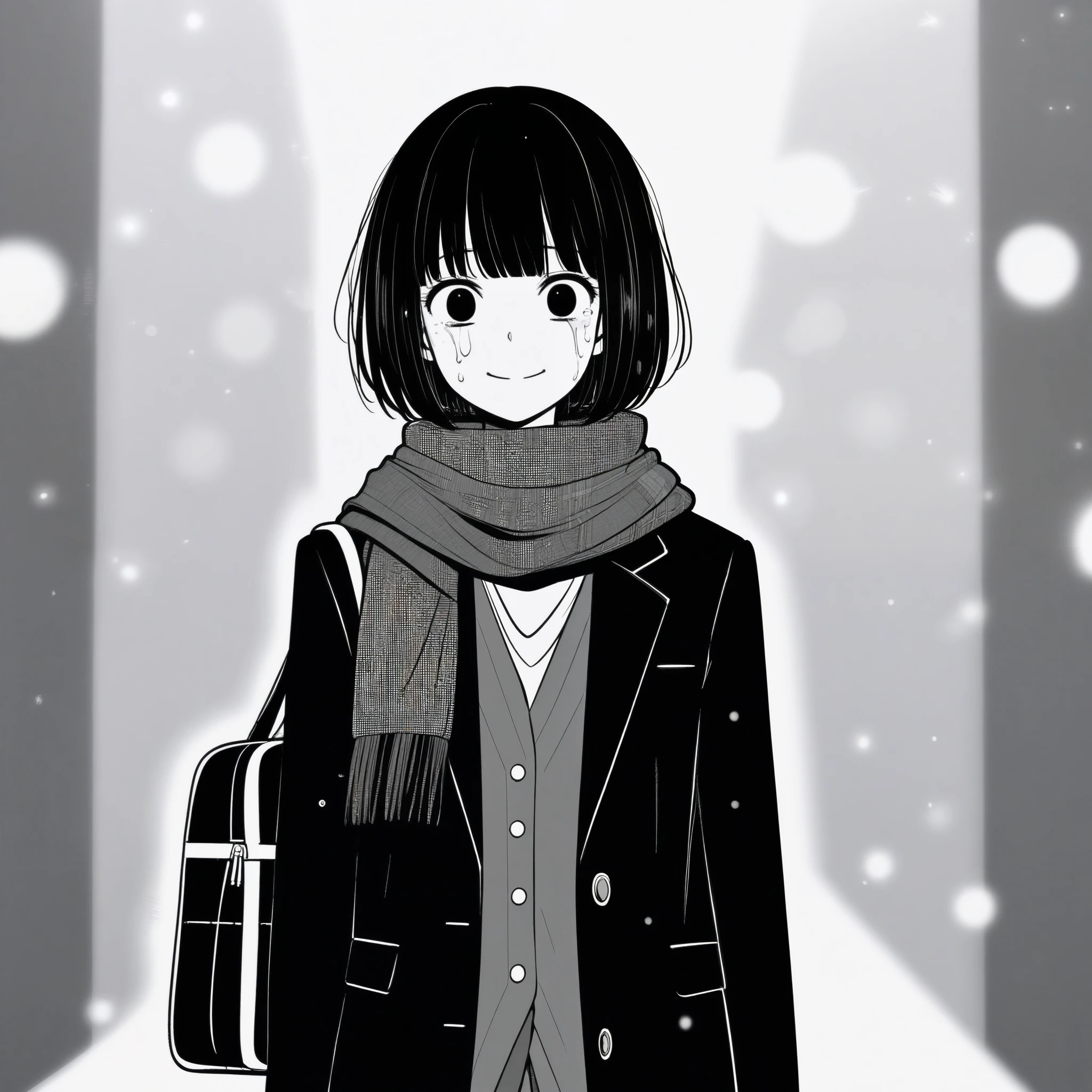 masterpiece, best quality, 1girl, mamerakkkkko, grayscale, manga style, japanese, chi no wadachi, black eyes, street, iced, black hair, schoolbag, smile, lineart, black coat, black scarf, black pleated skirt, leggins, centered, 18 years old, tall, fair skinned, bokeh background, crying, tears, straight-on, tears streaming, bob cut, light particles, centered, snowing
