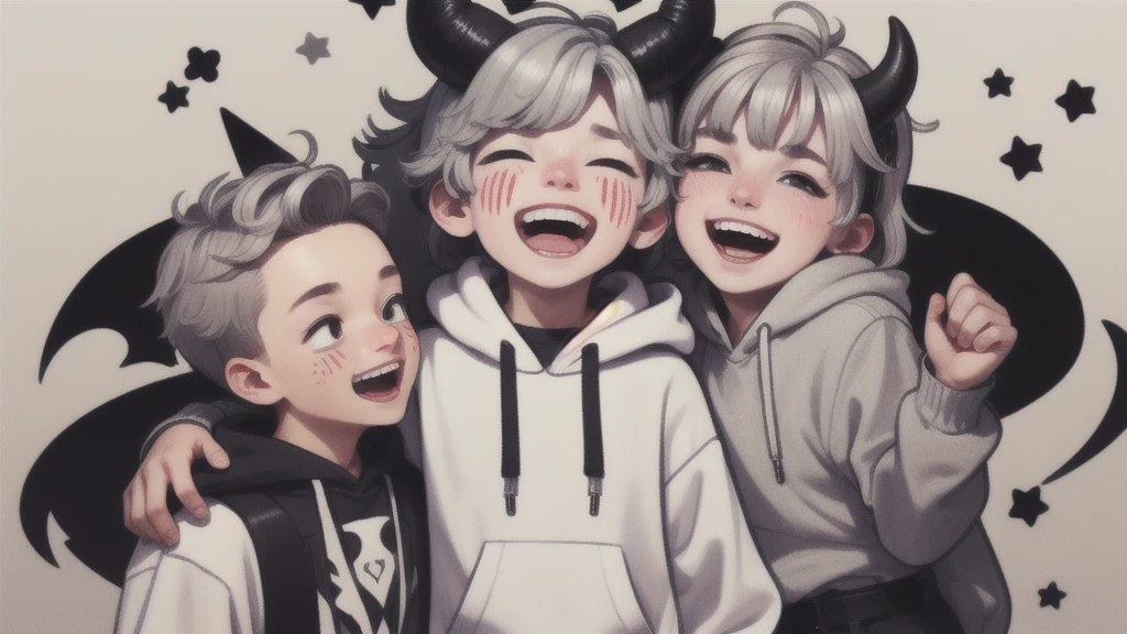 Boy, white, with gray hair, wearing a white hoodie and black demon horns, laughing a lot.