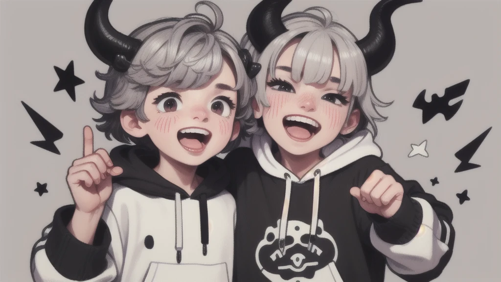 Boy, white, with gray hair, wearing a white hoodie and black demon horns, laughing a lot.