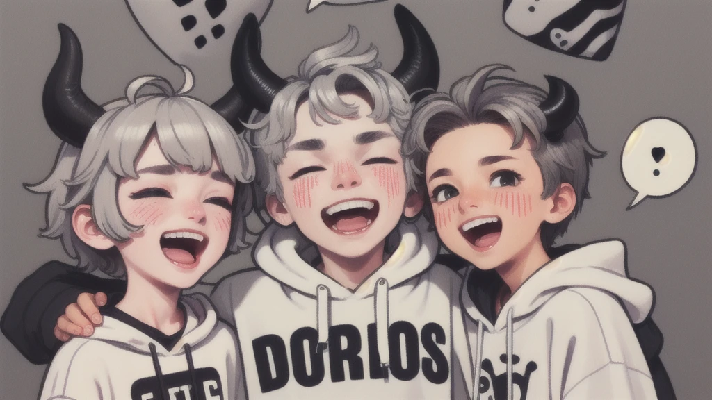 Boy, white, with gray hair, wearing a white hoodie and black demon horns, laughing a lot.