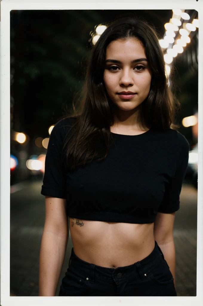 polaroid photo, night photo, photo of 24 y.o beautiful woman, brunette, lightskin, bokeh, motion blur
