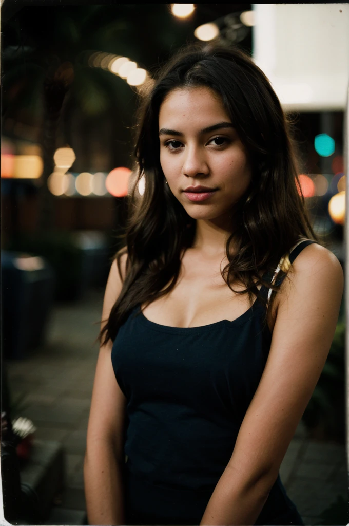 polaroid photo, night photo, photo of 24 y.o beautiful woman, brunette, lightskin, bokeh, motion blur
