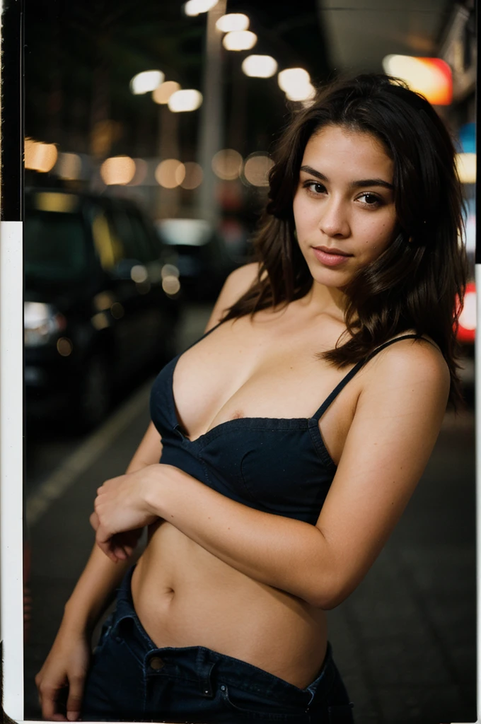 polaroid photo, night photo, photo of 24 y.o beautiful woman, brunette, lightskin, bokeh, motion blur