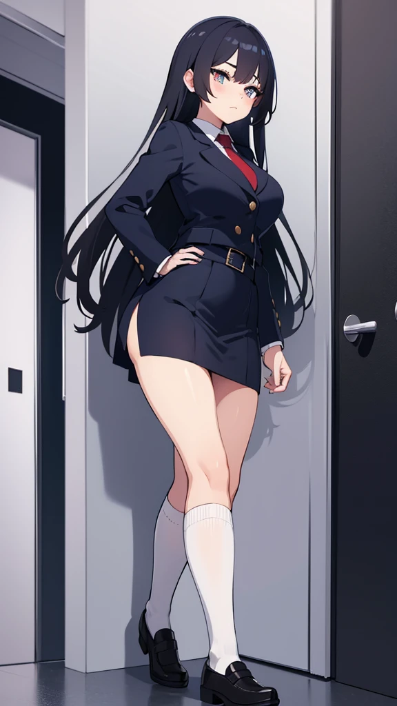 miyuki, One Girl, 一人in, length_hair, Naughty big、Big ample breasts、前hair, green_eye, black_hair, hair_Decorations have been removed, length_sleeve, School_uniform, hair_ribbon, dull_前hair, white_dress, Own_hand_together, black_tie, in_missile, Yuki, Snowflake_hair_Decorations have been removed、Look at the viewers、、Standing on an escalator, (Up escalator), (Lower Body Shot), Thigh Focus, (Shot from below 1.3), (View from behind 1.3)、 (white panties:1.3)、(Roll-up skirt:1.3)、(Full-fledged panties:1.5)