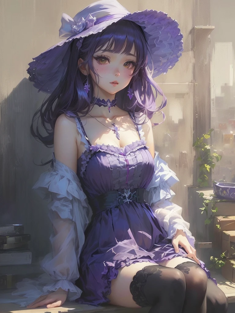 Anime girl in purple dress and hat sitting on a shelf, Gwaiz, artwork in the style of Gwaiz, Gwaiz on pixiv artstation, Gwaiz on artstation pixiv, Anime Style 4 k, Beautiful anime portraits, Anime Style. 8K, Gwaiz masterpiece, Anime Girl Portrait, Beautiful Anime Girls