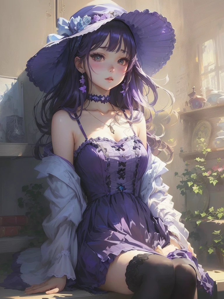Anime girl in purple dress and hat sitting on a shelf, Gwaiz, artwork in the style of Gwaiz, Gwaiz on pixiv artstation, Gwaiz on artstation pixiv, Anime Style 4 k, Beautiful anime portraits, Anime Style. 8K, Gwaiz masterpiece, Anime Girl Portrait, Beautiful Anime Girls