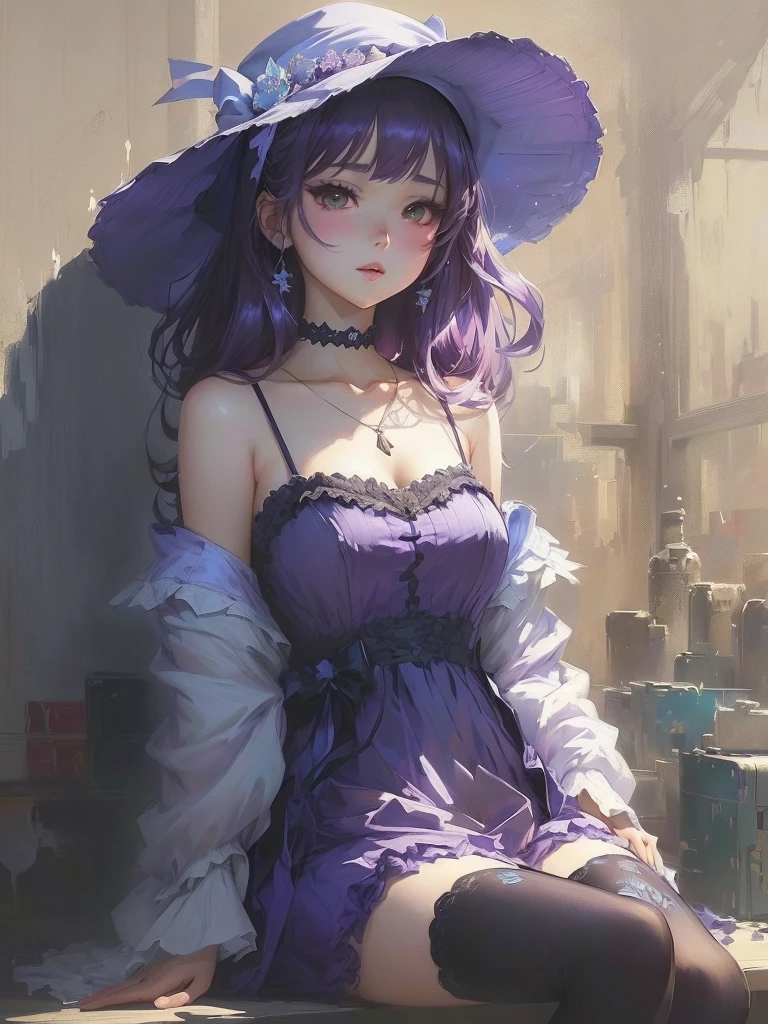 Anime girl in purple dress and hat sitting on a shelf, Gwaiz, artwork in the style of Gwaiz, Gwaiz on pixiv artstation, Gwaiz on artstation pixiv, Anime Style 4 k, Beautiful anime portraits, Anime Style. 8K, Gwaiz masterpiece, Anime Girl Portrait, Beautiful Anime Girls