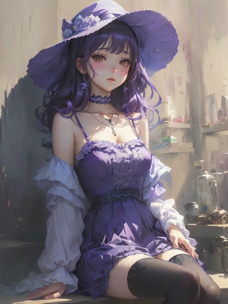 Anime girl in purple dress and hat sitting on a shelf, Gwaiz, artwork in the style of Gwaiz, Gwaiz on pixiv artstation, Gwaiz on artstation pixiv, Anime Style 4 k, Beautiful anime portraits, Anime Style. 8K, Gwaiz masterpiece, Anime Girl Portrait, Beautiful Anime Girls