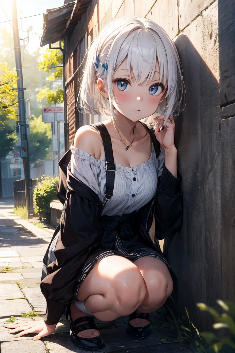 ((((masterpiece)))), expensive quality, very_expensive_solve, One Girl, {{they are}}, (()), ((white hair)), {{cute}}, face, Drunk, Blue off-the-shoulder spring outfit, gradation kimono, , hairpin, Pull up to your knees、Put your hand out in front of you and hold it、Leaning against a wall, Liquor, ((forest)), ((Backstreets)), paving stone, fog, Wind, ((Spotted sunlight)), white, ((View your audience)), 閉じる小さな胸の谷間Wind呂敷を差し出す