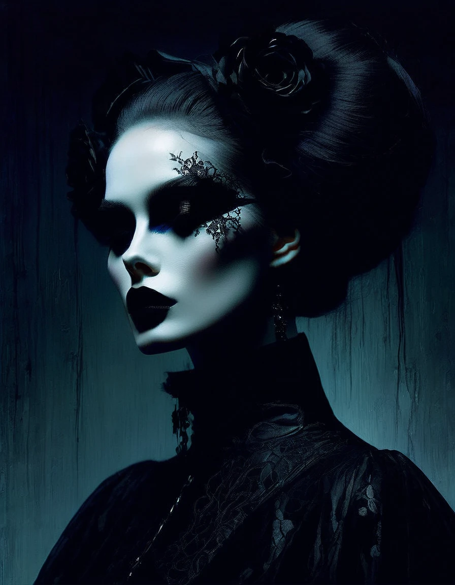 Darksynth aesthetic, minimalist background, gothic makeup, strange fashion photography, masterpiece. evening, (art inspired by Bill Sienkiewicz). oil painting)
