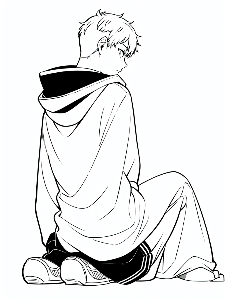 (1boy,,solo),black hooded,(white background,line drawing),(back view),sitting