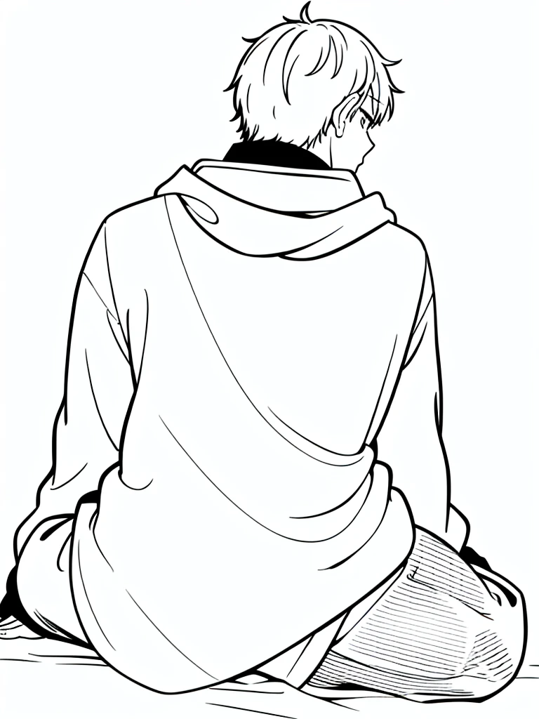 (1boy,15 years old,solo),black hooded,(white background,line drawing),(back view),sitting