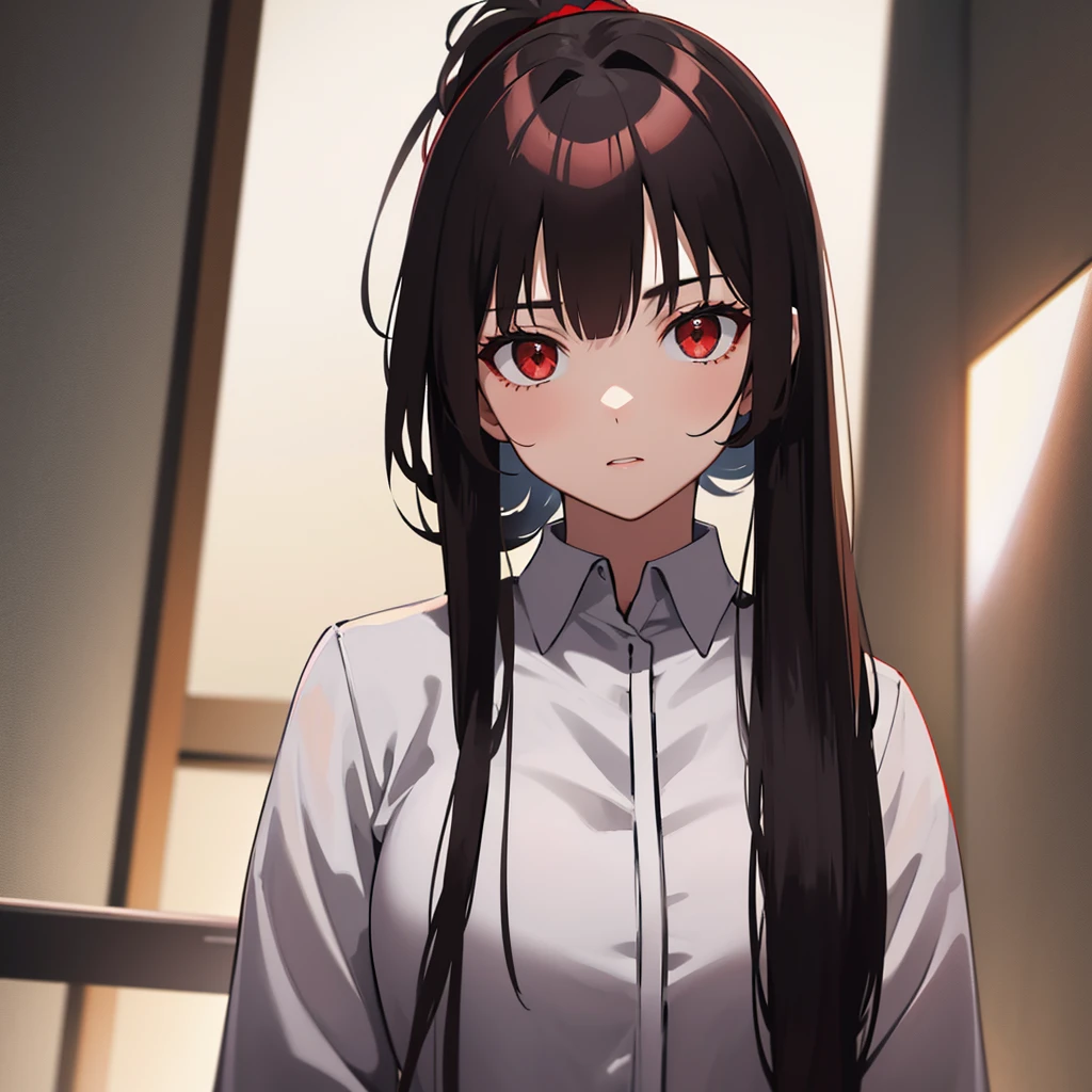 Tall girl Red eyes Dark hair Ponytail with fringes Face forward 