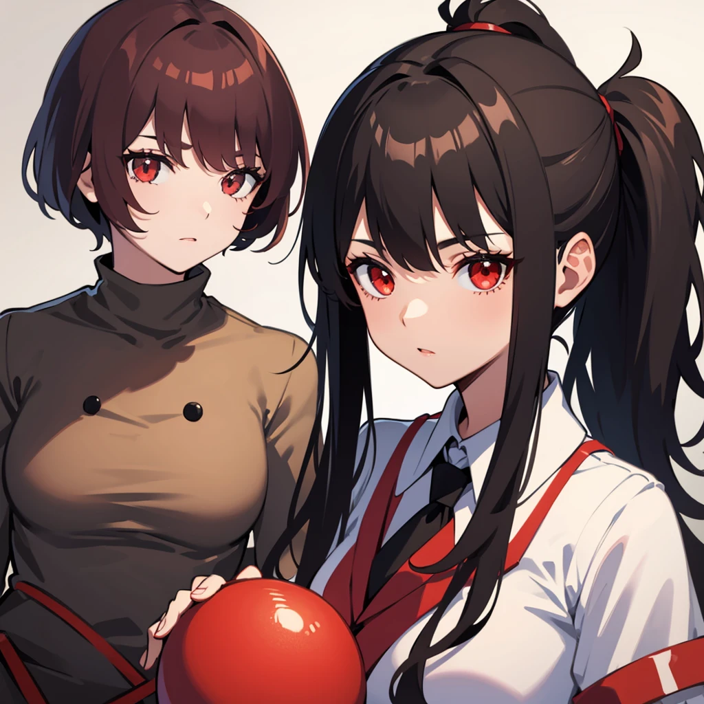 (masterpiece, best quality), charaSF, 1girl, solo, short hair, brown hair, red eyes, collar, black jacket, off shoulder, fur trim, red sweater, ribbed sweater, turtleneck, shoulder cutout, long sleeves, black shorts, blush, portrait
