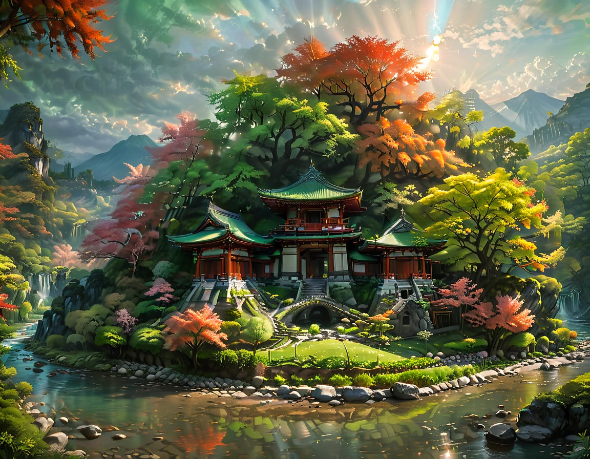 a National Geographic picture of dark Japanese medieval temple, as the sun (rises in the horizon: 1.1), it sits on the bank of a river near surrounded by cherry trees, almond trees, Japanese maple trees, (all trees in many colorful shades of green, red, pin, orange: 1.5) ((all scenery is reflected in the river: 1.5)), an epic ancient Japanese medieval temple, ancient and epic in its majestic antiquity, a sense of serenity, tranquility, divine rays, some clouds, sun rays, (highest quality:1.2, Very detailed, up to date, Vibrant, Ultra-high resolution, High Contrast, masterpiece:1.2, highest quality, Best aesthetics), best details, best quality, highres, ultra wide angle, 16k, [ultra detailed], masterpiece, best quality, (extremely detailed: 1.5), Cinematic Hollywood Film