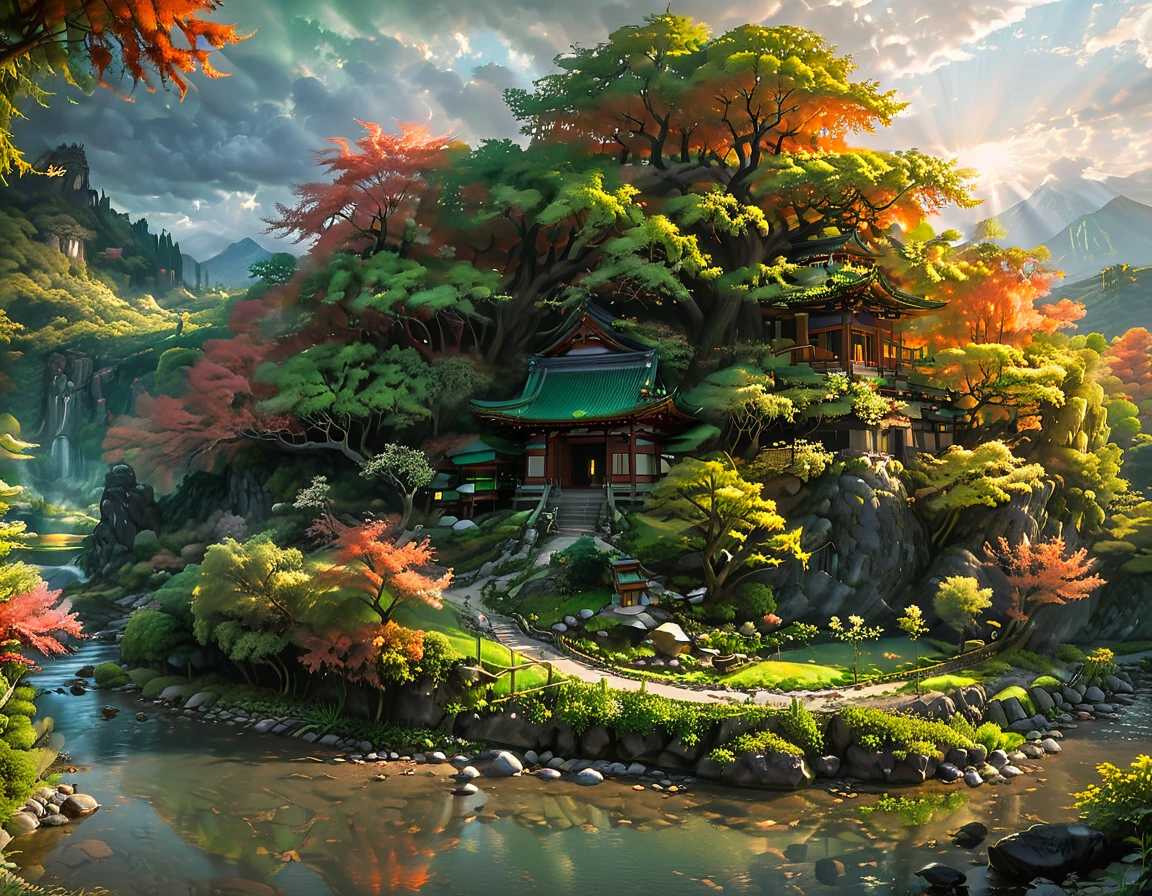 a National Geographic picture of dark Japanese medieval temple, as the sun (rises in the horizon: 1.1), it sits on the bank of a river near surrounded by cherry trees, almond trees, Japanese maple trees, (all trees in many colorful shades of green, red, pin, orange: 1.5) ((all scenery is reflected in the river: 1.5)), an epic ancient Japanese medieval temple, ancient and epic in its majestic antiquity, a sense of serenity, tranquility, divine rays, some clouds, sun rays, (highest quality:1.2, Very detailed, up to date, Vibrant, Ultra-high resolution, High Contrast, masterpiece:1.2, highest quality, Best aesthetics), best details, best quality, highres, ultra wide angle, 16k, [ultra detailed], masterpiece, best quality, (extremely detailed: 1.5), Cinematic Hollywood Film