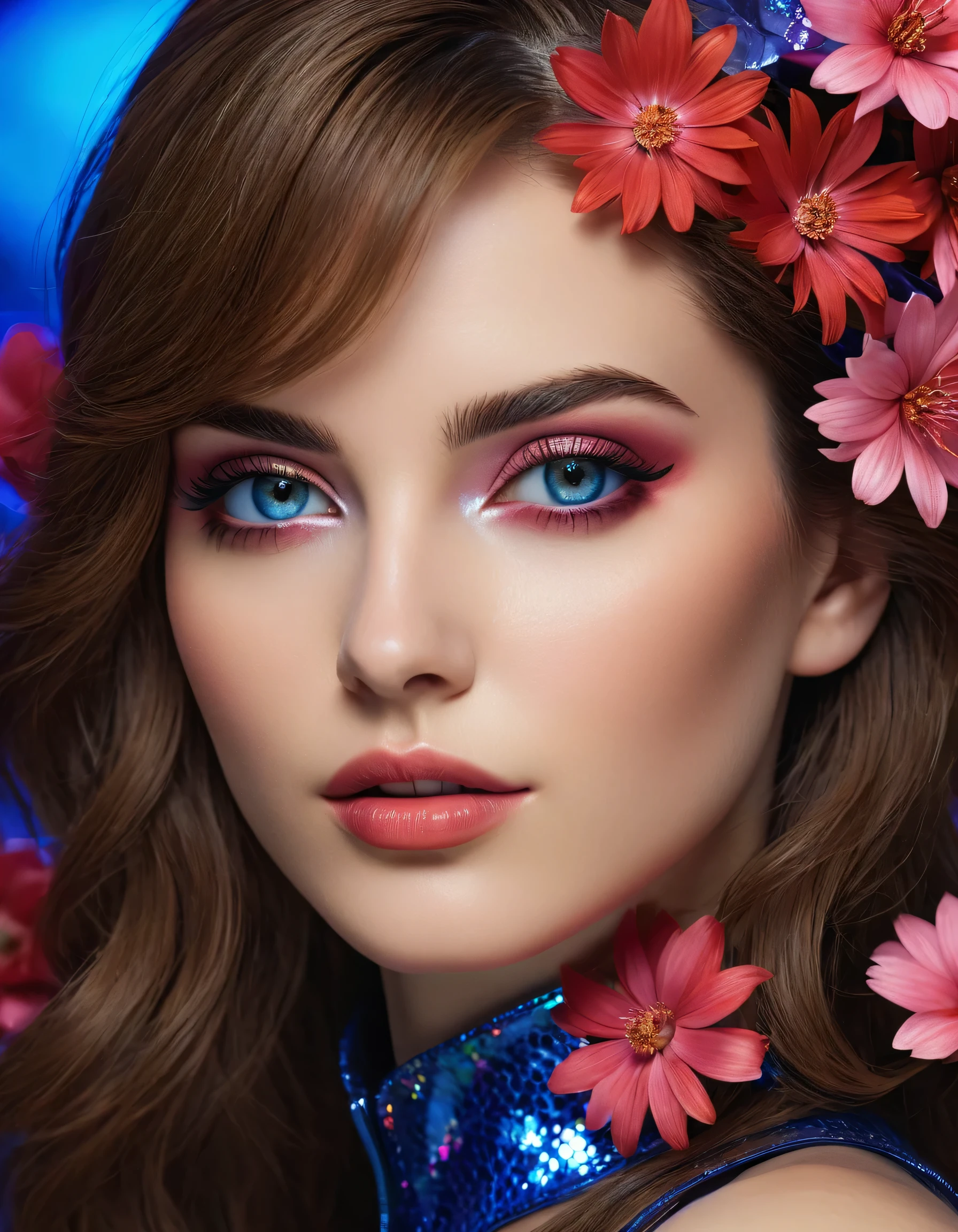 ((Photo from upper body to thigh: 1.4)), (ultra details, ultra resolution, portrait: 1.25), ((best soft studio lighting: 1.2)), (1girl: 1.3, 22 years), photorealistic Realism 16K Quality, ultra resolution, (high quality skin with realistic texture), (high quality hair with realistic texture), ((brown hair, (combed on one side), ultra detailed)), ((perfect proportions)),((anatomically correct)), (firm and full breasts), (intricately detailed beautiful face), (light pale complexion), (intricately detailed beautiful face), (light pale complexion) BREAK ((ultra absurd quality, extremely detailed detail, ultra resolution, clear sharp focus, not blurry, (Realistic brown_eyes:1.3))), perfect dark_eyeshadows:1.2, super Detailed, beautiful little nose, (blue, red, pink, flower clusters: 1.6532), (looking at viewer) Deep view, (lights:1.1), ((flower clusters: 1.6532) (((iridescence holographic)) tight latex Clothing:1.45))