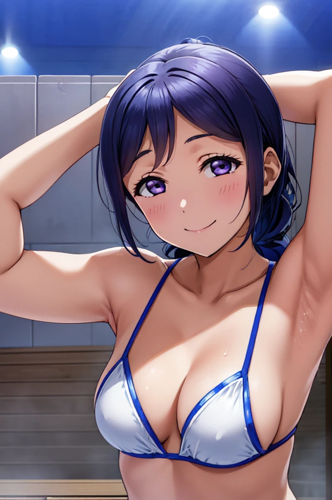 (((pixel-perfect, detail-perfect))), solo, 1girl, kanan matsuura, smile, eyes violet, hair blue, sauna pool, bikini, armpit, medium filesize, ultra High Qality