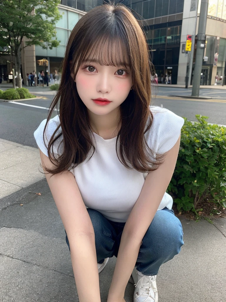 finely detail, hight resolution, hightquality、Perfect dynamic composition, Beautiful detailed eyes, Medium Hair, small 、Natural Color Lip,Kamimei、Shibuya、20 years girl、1 persons、Transparent skin、Glowing hair、masutepiece, Best Quality, Illustration, Ultra-detailed, finely detail, hight resolution, 8K、The correct state of the human body、crouching down、model poses